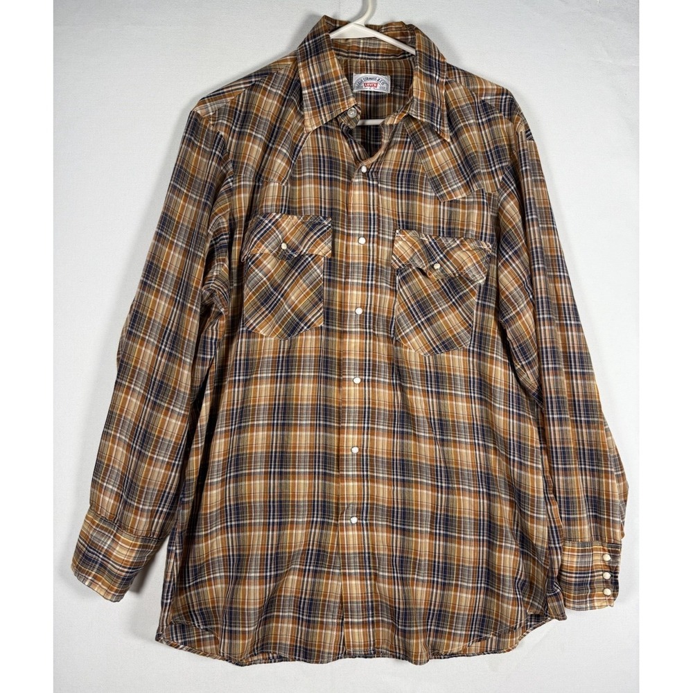 VTG Levis Western Long Sleeve Pearl Snap Plaid Shirt Men Large White Tab 70s 80s
